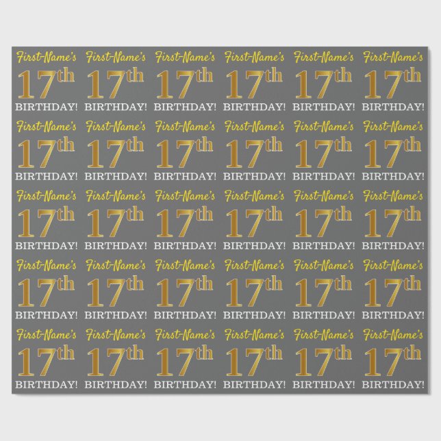 Gray, Imitation Gold Look "17th BIRTHDAY" Wrapping Paper (Flat)