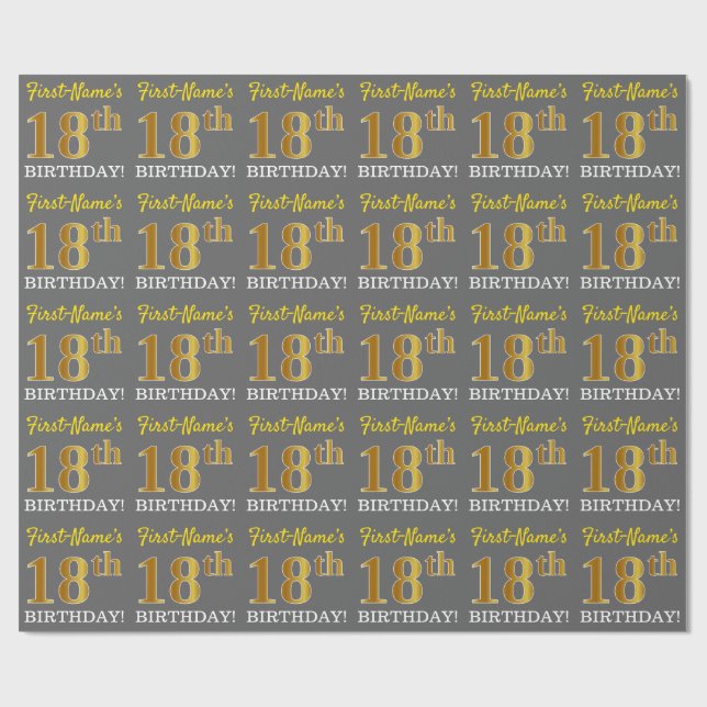 Gray, Imitation Gold Look "18th BIRTHDAY" Wrapping Paper (Flat)