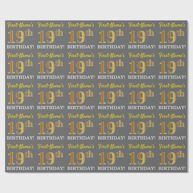Gray, Imitation Gold Look "19th BIRTHDAY" Wrapping Paper (Flat)