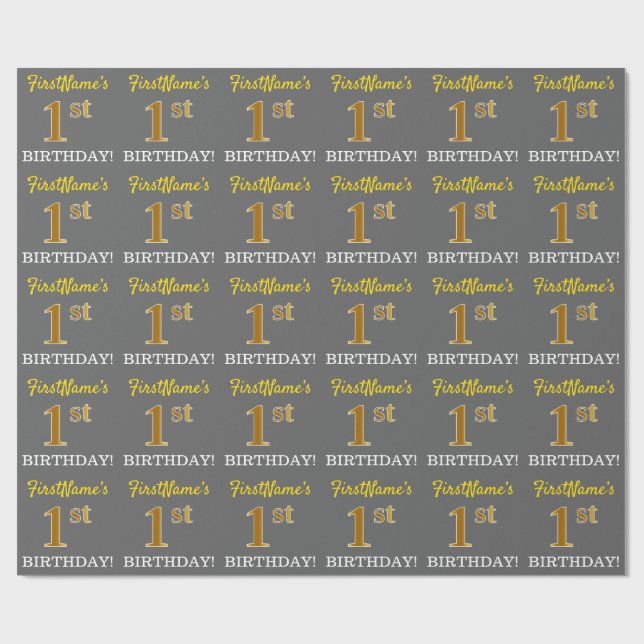 Gray, Imitation Gold Look "1st BIRTHDAY" Wrapping Paper (Flat)