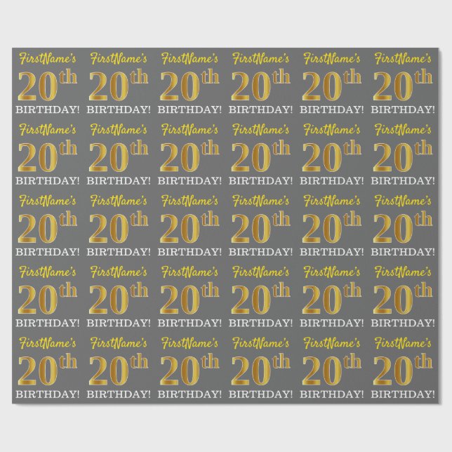 Gray, Imitation Gold Look "20th BIRTHDAY" Wrapping Paper (Flat)