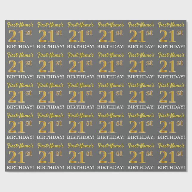 Gray, Imitation Gold Look "21st BIRTHDAY" Wrapping Paper (Flat)
