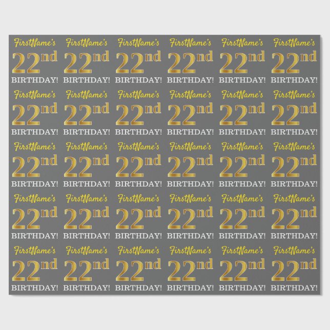 Gray, Imitation Gold Look "22nd BIRTHDAY" Wrapping Paper (Flat)