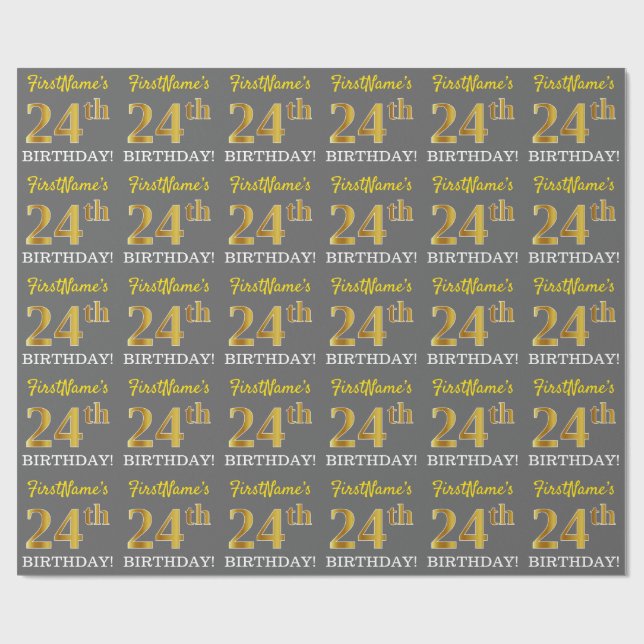 Gray, Imitation Gold Look "24th BIRTHDAY" Wrapping Paper (Flat)
