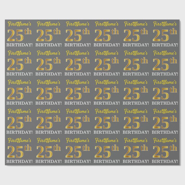 Gray, Imitation Gold Look "25th BIRTHDAY" Wrapping Paper (Flat)