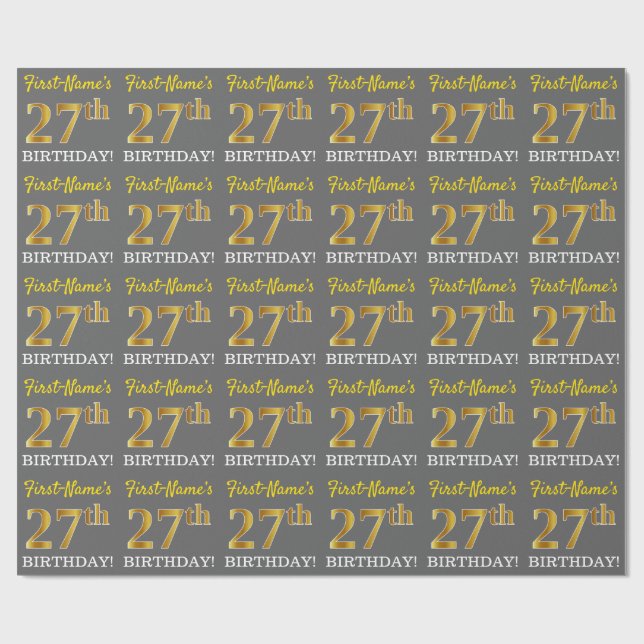 Gray, Imitation Gold Look "27th BIRTHDAY" Wrapping Paper (Flat)