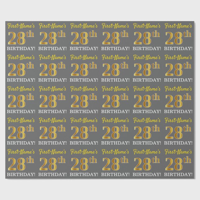 Gray, Imitation Gold Look "28th BIRTHDAY" Wrapping Paper (Flat)