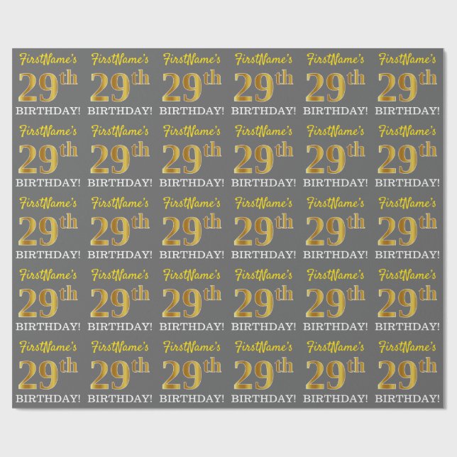 Gray, Imitation Gold Look "29th BIRTHDAY" Wrapping Paper (Flat)