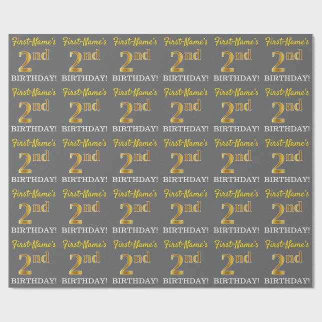 Gray, Imitation Gold Look "2nd BIRTHDAY" Wrapping Paper (Flat)