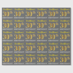 Gray, Imitation Gold Look "30th BIRTHDAY" Wrapping Paper