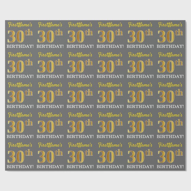 Gray, Imitation Gold Look "30th BIRTHDAY" Wrapping Paper (Flat)