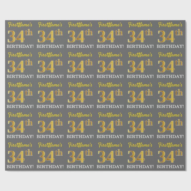 Gray, Imitation Gold Look "34th BIRTHDAY" Wrapping Paper (Flat)