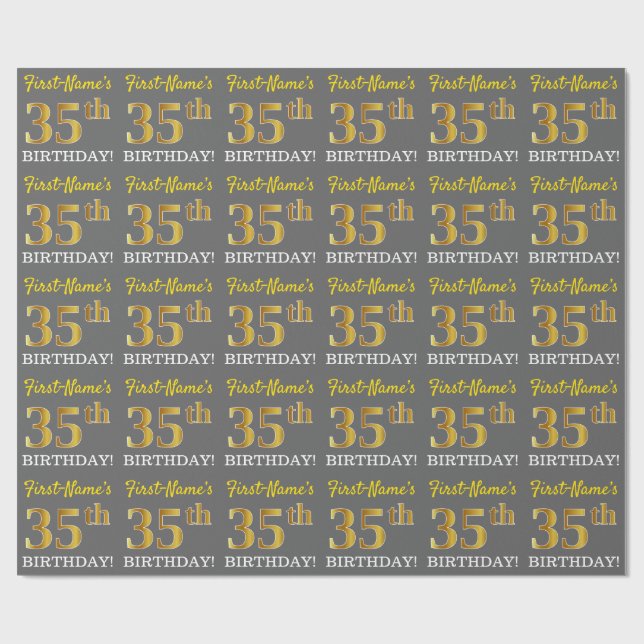 Gray, Imitation Gold Look "35th BIRTHDAY" Wrapping Paper (Flat)
