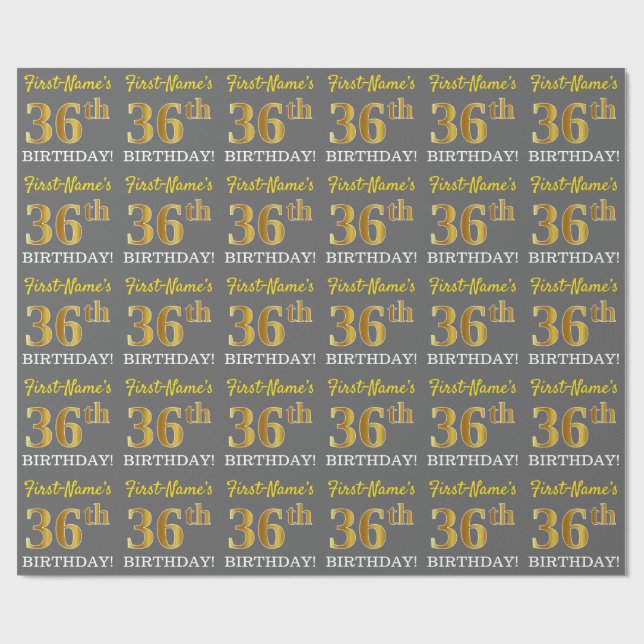 Gray, Imitation Gold Look "36th BIRTHDAY" Wrapping Paper (Flat)