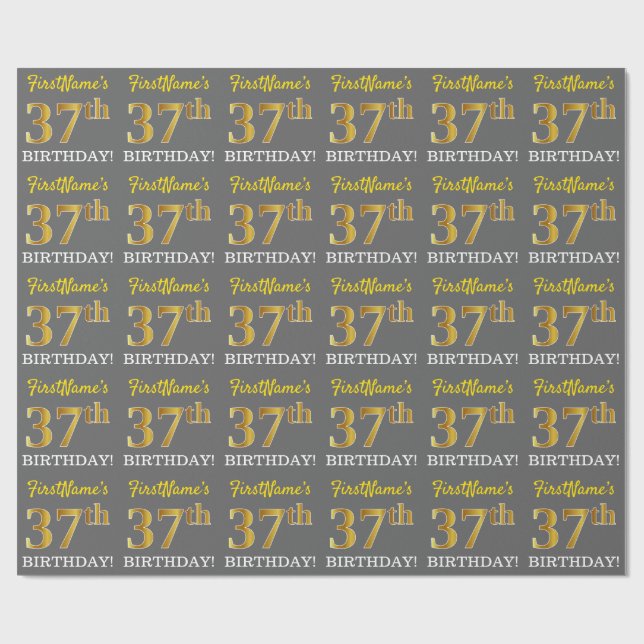 Gray, Imitation Gold Look "37th BIRTHDAY" Wrapping Paper (Flat)
