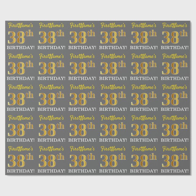 Gray, Imitation Gold Look "38th BIRTHDAY" Wrapping Paper (Flat)
