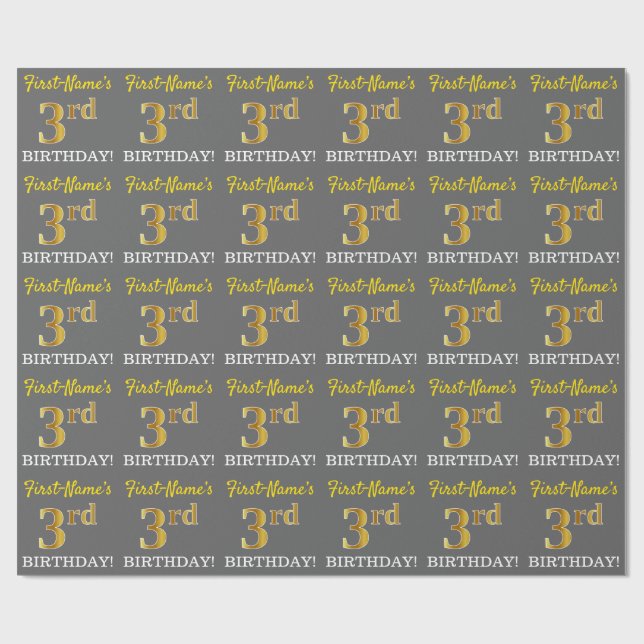 Gray, Imitation Gold Look "3rd BIRTHDAY" Wrapping Paper (Flat)