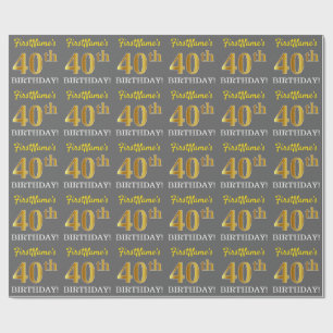 Gray, Imitation Gold Look "40th BIRTHDAY" Wrapping Paper