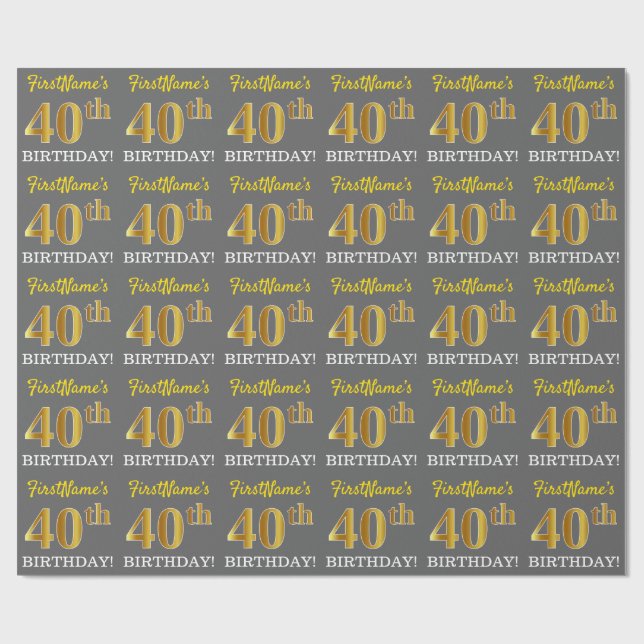 Gray, Imitation Gold Look "40th BIRTHDAY" Wrapping Paper (Flat)