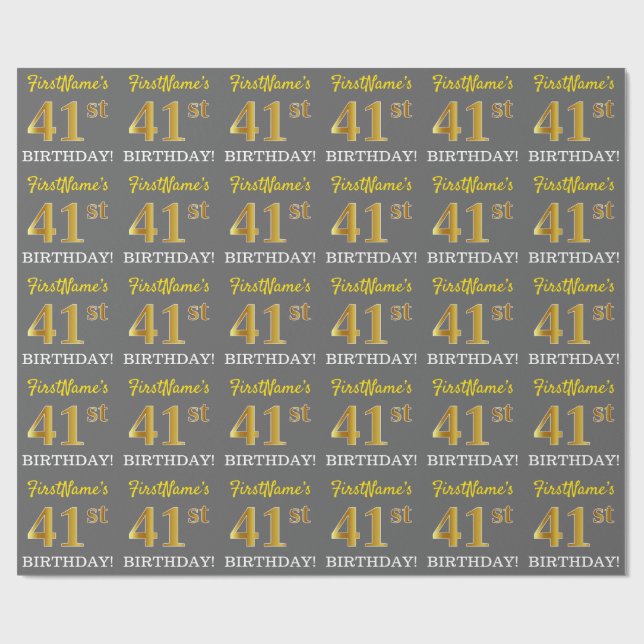 Gray, Imitation Gold Look "41st BIRTHDAY" Wrapping Paper (Flat)