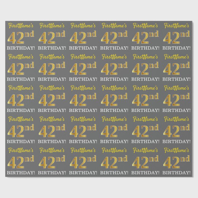 Gray, Imitation Gold Look "42nd BIRTHDAY" Wrapping Paper (Flat)