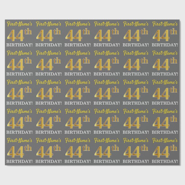 Gray, Imitation Gold Look "44th BIRTHDAY" Wrapping Paper (Flat)