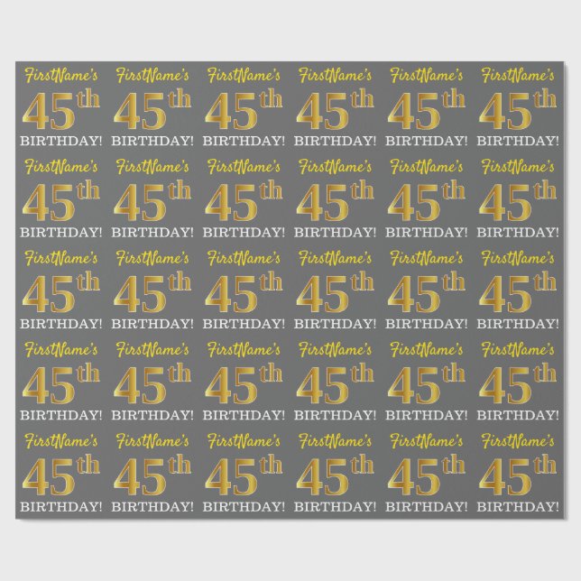 Gray, Imitation Gold Look "45th BIRTHDAY" Wrapping Paper (Flat)