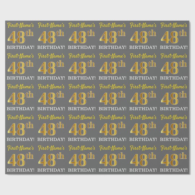 Gray, Imitation Gold Look "48th BIRTHDAY" Wrapping Paper (Flat)