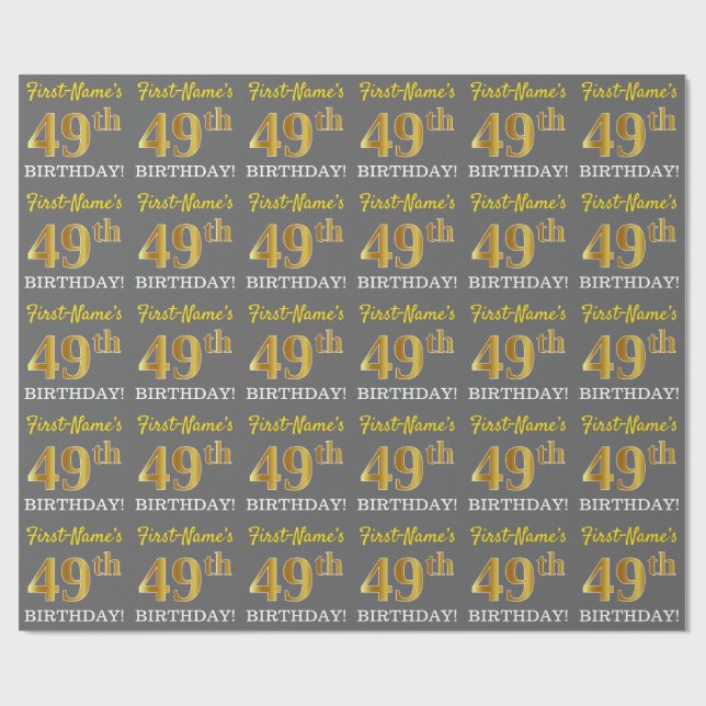 Gray, Imitation Gold Look "49th BIRTHDAY" Wrapping Paper (Flat)