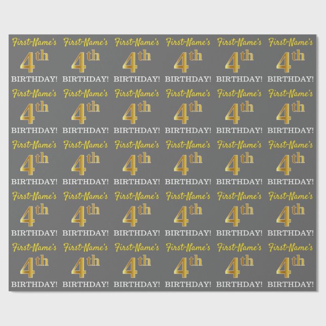 Gray, Imitation Gold Look "4th BIRTHDAY" Wrapping Paper (Flat)