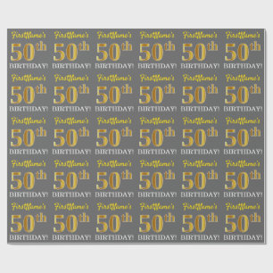 Gray, Imitation Gold Look "50th BIRTHDAY" Wrapping Paper
