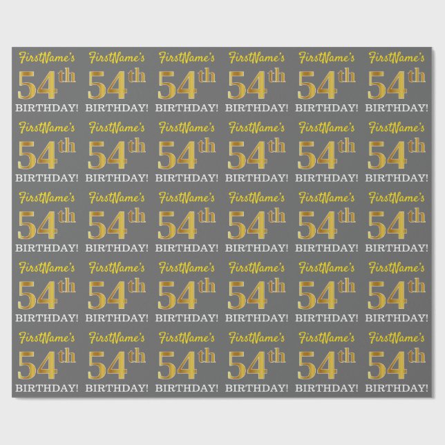 Gray, Imitation Gold Look "54th BIRTHDAY" Wrapping Paper (Flat)