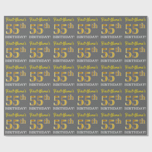 Gray, Imitation Gold Look "55th BIRTHDAY" Wrapping Paper