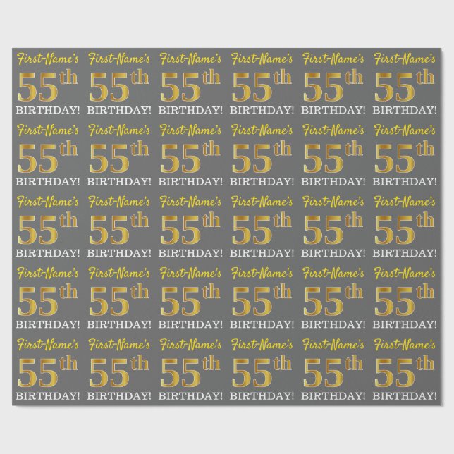 Gray, Imitation Gold Look "55th BIRTHDAY" Wrapping Paper (Flat)