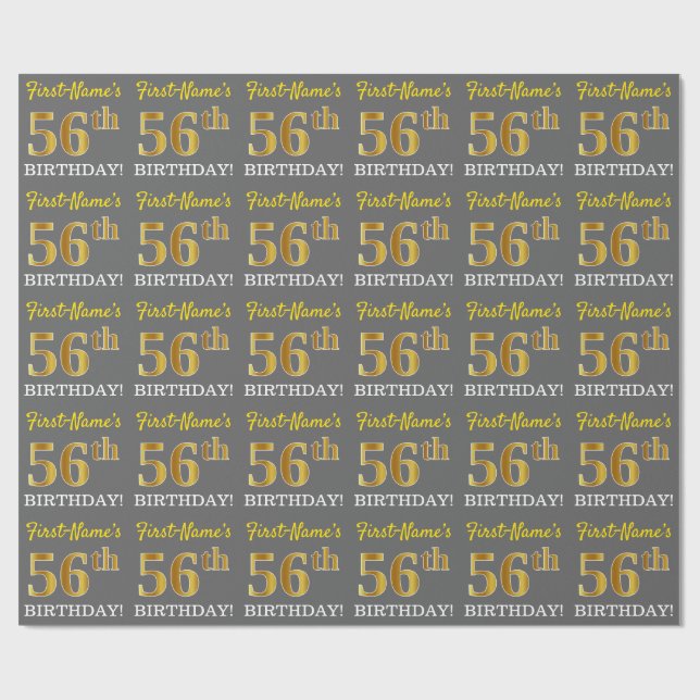 Gray, Imitation Gold Look "56th BIRTHDAY" Wrapping Paper (Flat)