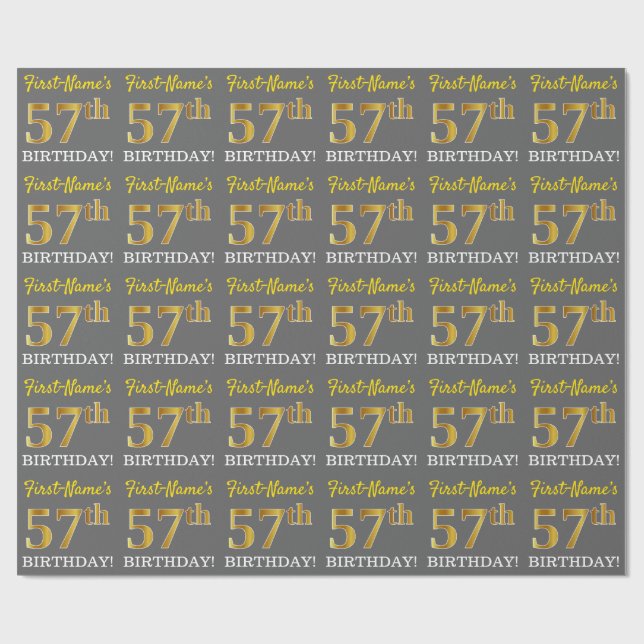Gray, Imitation Gold Look "57th BIRTHDAY" Wrapping Paper (Flat)