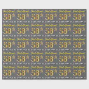 Gray, Imitation Gold Look "58th BIRTHDAY" Wrapping Paper