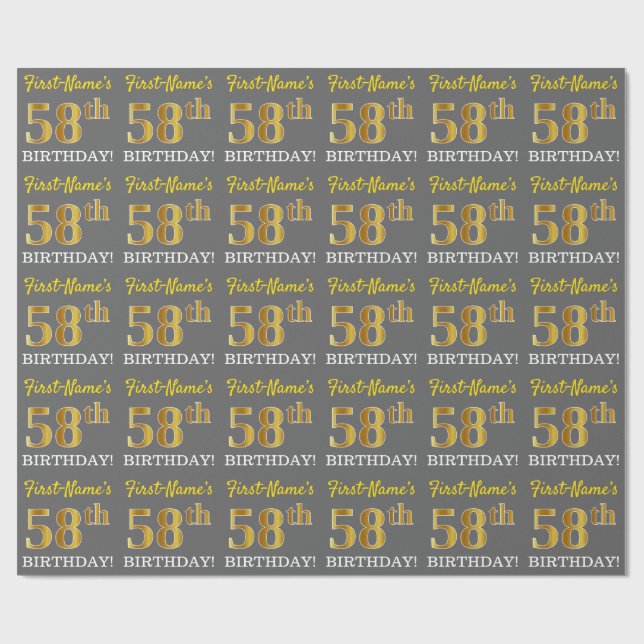 Gray, Imitation Gold Look "58th BIRTHDAY" Wrapping Paper (Flat)