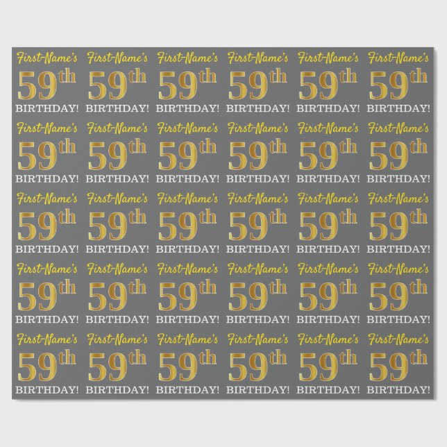 Gray, Imitation Gold Look "59th BIRTHDAY" Wrapping Paper (Flat)