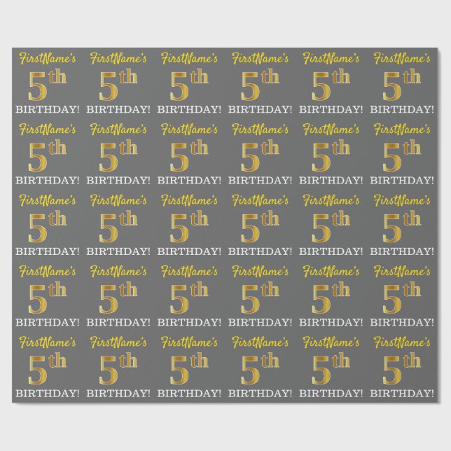 Gray, Imitation Gold Look "5th BIRTHDAY" Wrapping Paper (Flat)
