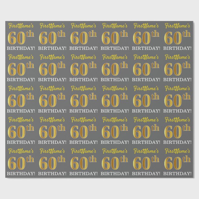 Gray, Imitation Gold Look "60th BIRTHDAY" Wrapping Paper (Flat)