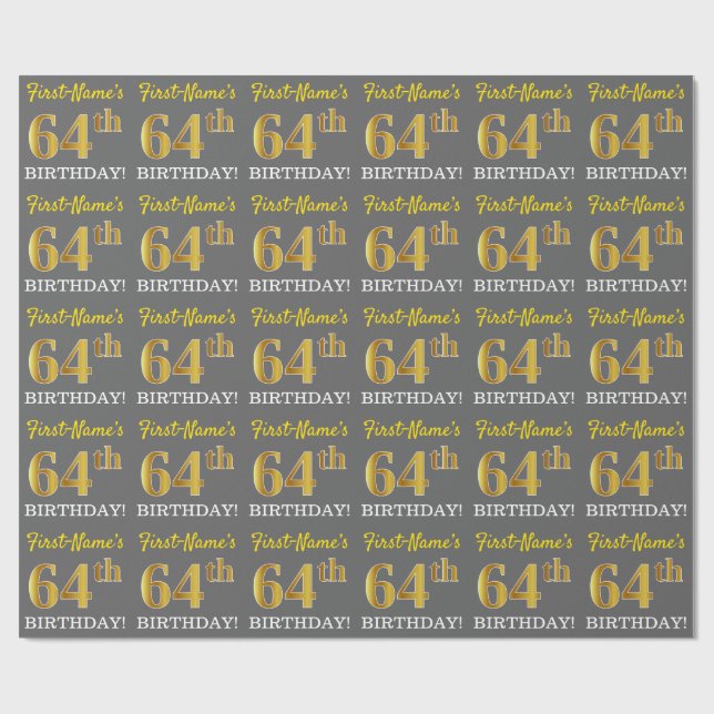 Gray, Imitation Gold Look "64th BIRTHDAY" Wrapping Paper (Flat)