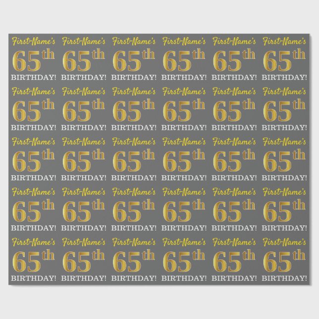Gray, Imitation Gold Look "65th BIRTHDAY" Wrapping Paper (Flat)