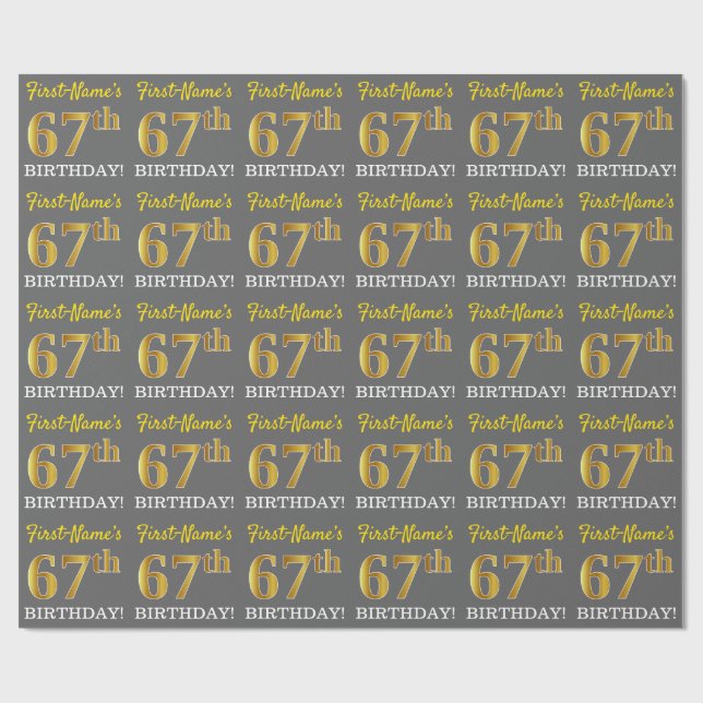 Gray, Imitation Gold Look "67th BIRTHDAY" Wrapping Paper (Flat)
