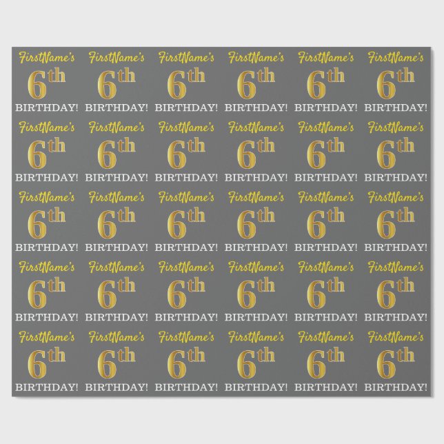 Gray, Imitation Gold Look "6th BIRTHDAY" Wrapping Paper (Flat)