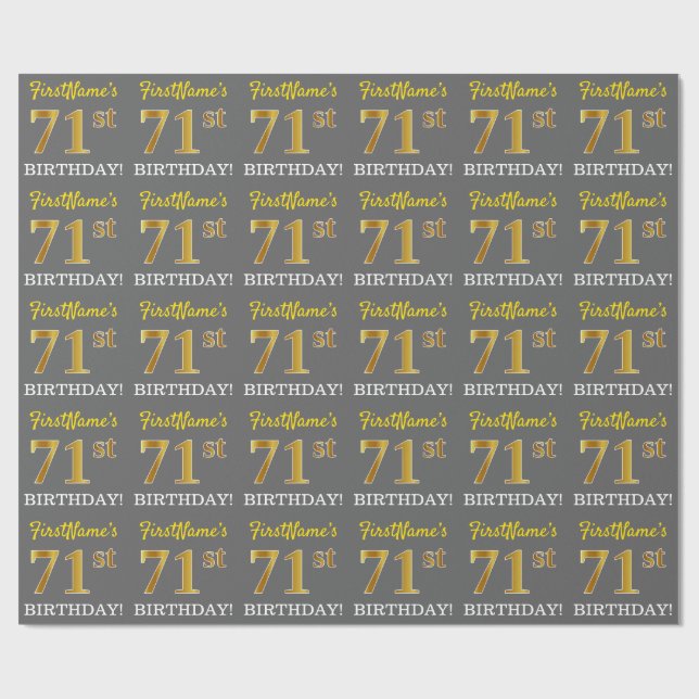 Gray, Imitation Gold Look "71st BIRTHDAY" Wrapping Paper (Flat)