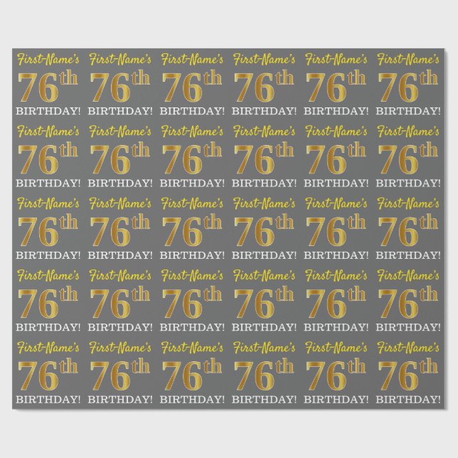 Gray, Imitation Gold Look "76th BIRTHDAY" Wrapping Paper (Flat)