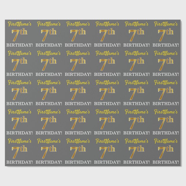 Gray, Imitation Gold Look "7th BIRTHDAY" Wrapping Paper (Flat)