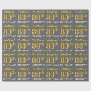 Gray, Imitation Gold Look "80th BIRTHDAY" Wrapping Paper