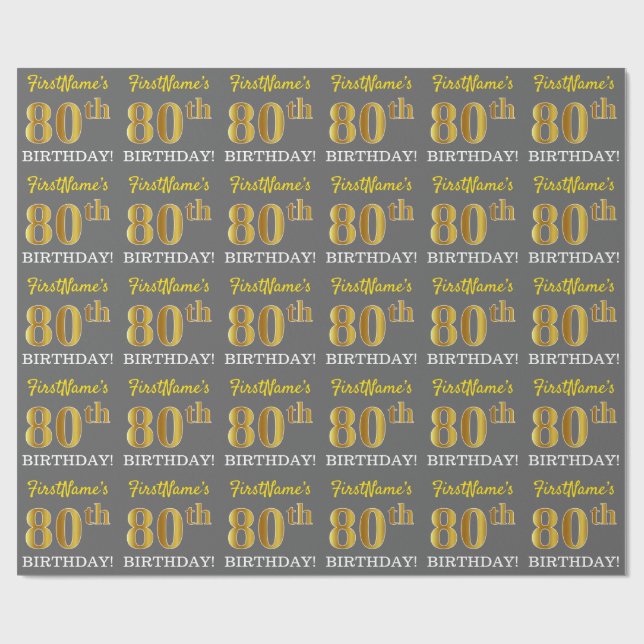 Gray, Imitation Gold Look "80th BIRTHDAY" Wrapping Paper (Flat)